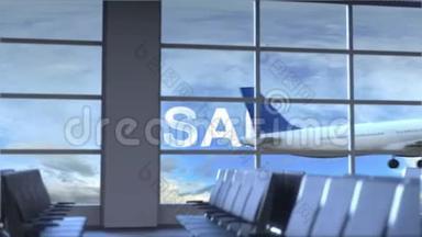 商业飞机在大阪国际机场降落。 日本旅游概念介绍动画
